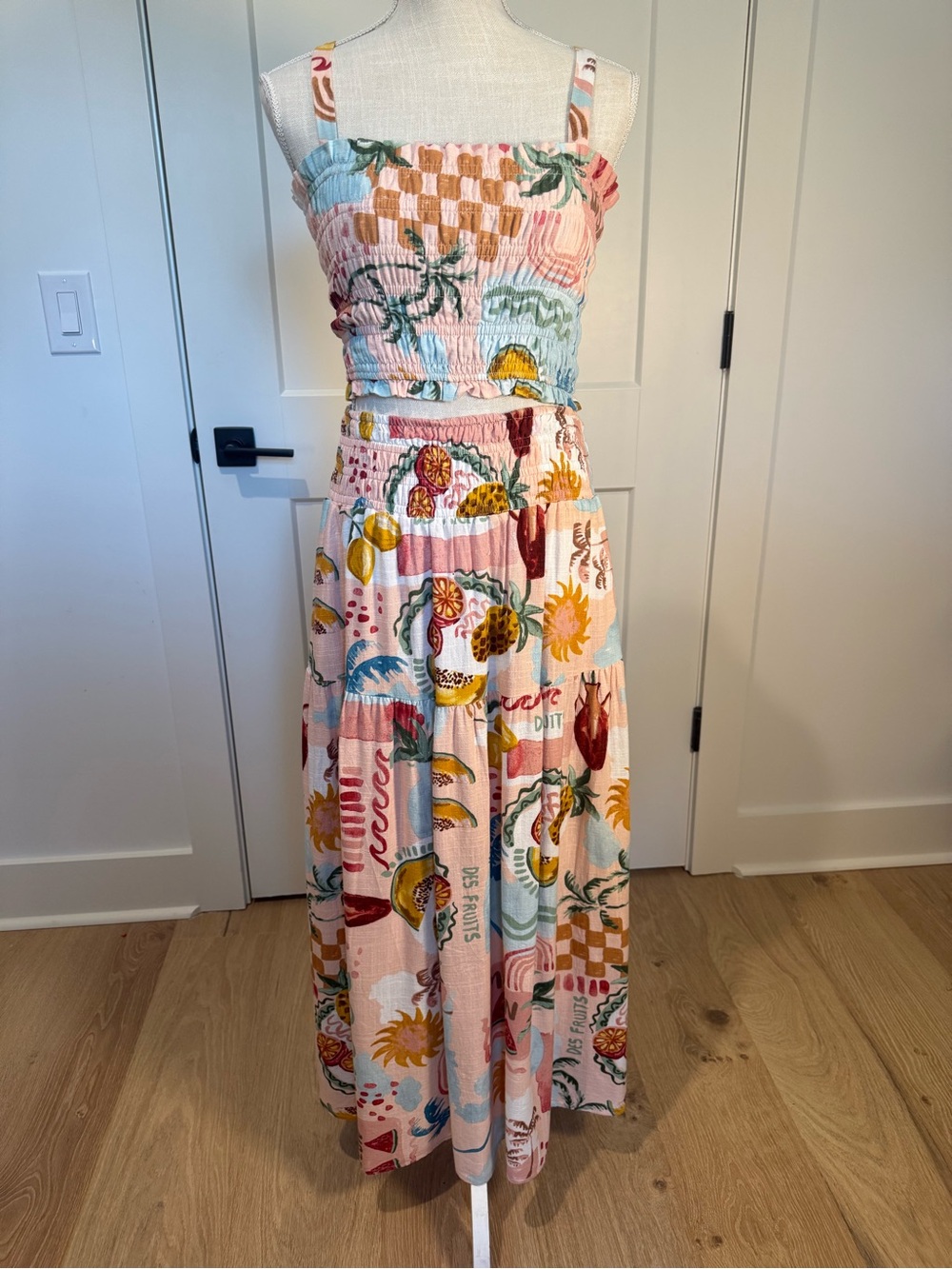 Paper Heart Fruit Print Two Piece Set XS Tropical Smocked Crop Top Midi Skirt